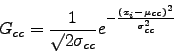 \begin{displaymath}
G_{cc}=\frac{1}{\surd{2}\sigma_{cc}}e^{-\frac{(x_i-\mu_{cc})^2}{\sigma_{cc}^2}}
\end{displaymath}